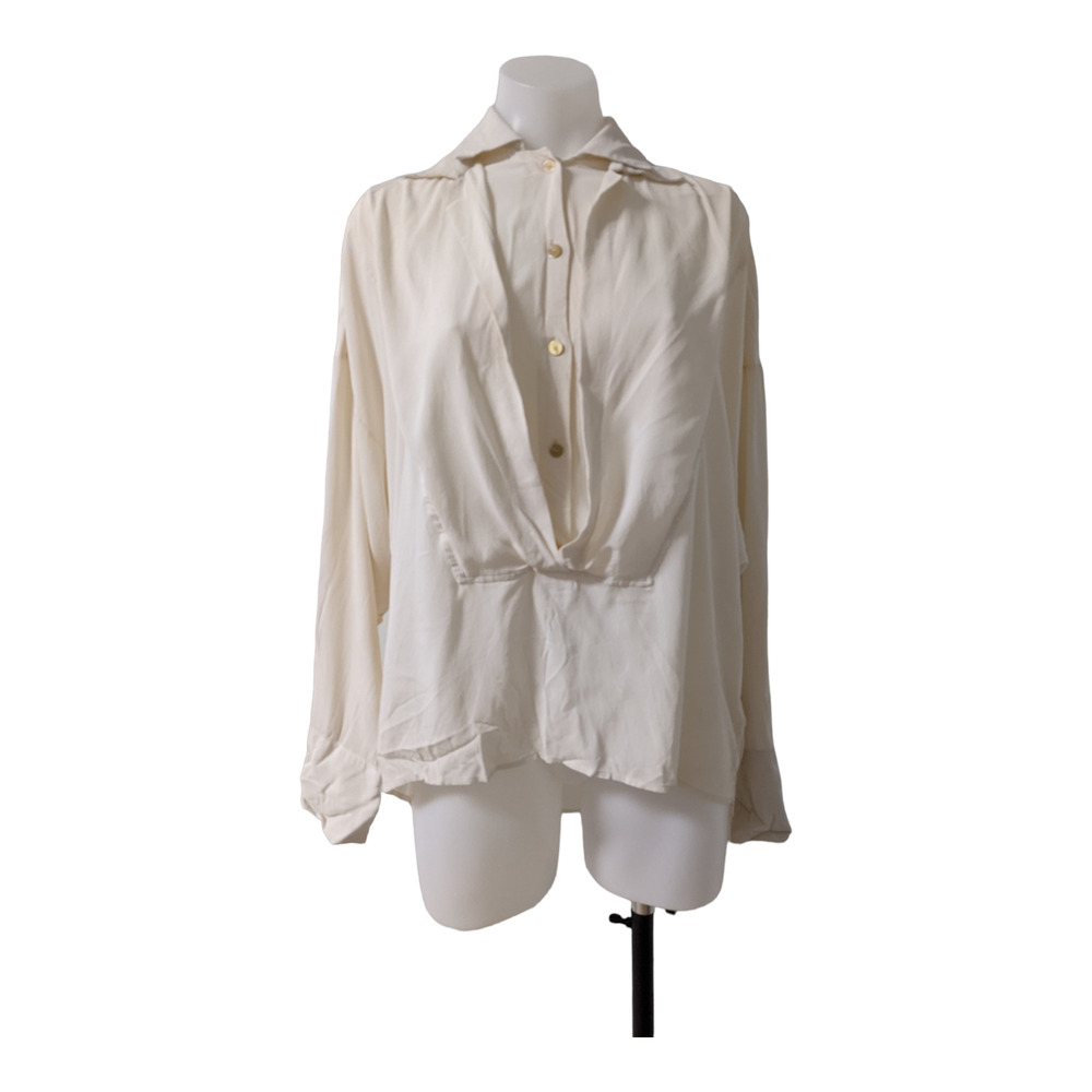 Atlein Womens Size 36 Half Buttons Shift Blouse Beige Silk Blend Long Sleeves